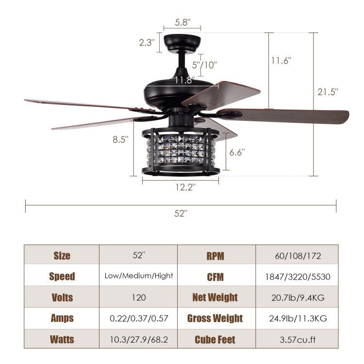 LazyLighting™ 52 Inch 3-Speed Crystal Ceiling Fan Light with Remote Control - Lazy Pro