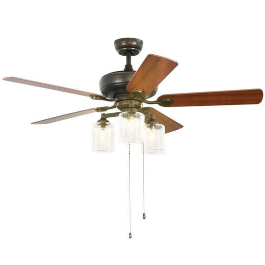 LazyLighting™ 52 Inch Ceiling Fan Light with Pull Chain and 5 Bronze Finished Reversible Blades