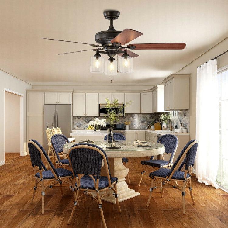 LazyLighting™ 52 Inch Ceiling Fan Light with Pull Chain and 5 Bronze Finished Reversible Blades - Lazy Pro