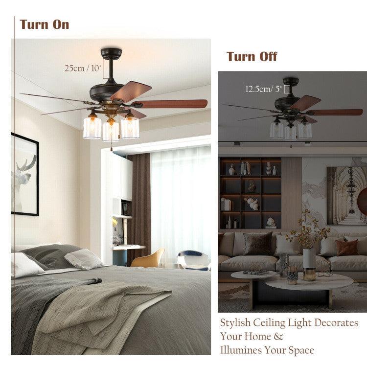 LazyLighting™ 52 Inch Ceiling Fan Light with Pull Chain and 5 Bronze Finished Reversible Blades - Lazy Pro