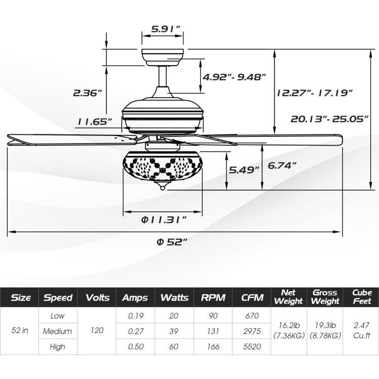 LazyLighting™ 52 Inch Ceiling Fan with 3 Wind Speeds and 5 Reversible Blades - Lazy Pro