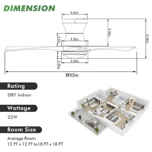 LazyLighting™ 52 Inch Flush Mount Ceiling Fan with LED Light