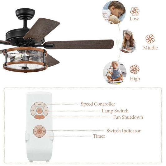 LazyLighting™ 52 Inch Retro Ceiling Fan Lamp with Glass Shade Reversible Blade Remote Control