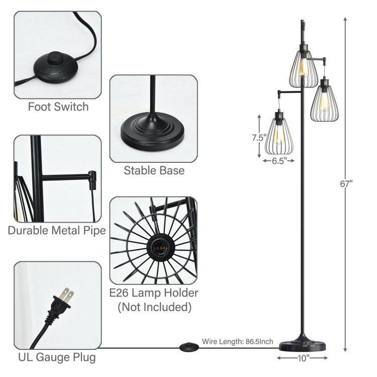 LazyLighting™ 67 Inch Industrial 3-Light Floor Lamp Tree - Lazy Pro