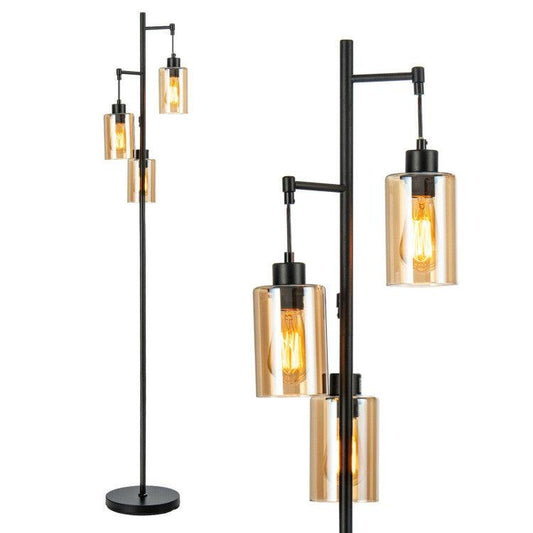 LazyLighting™ Retro Floor Lamp with 3-Head Hanging Amber Glass Shade