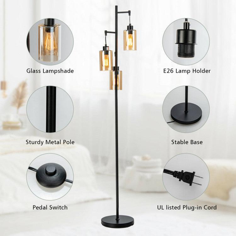 LazyLighting™ Retro Floor Lamp with 3-Head Hanging Amber Glass Shade - Lazy Pro