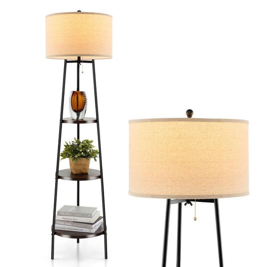 LazyLighting™ Shelf Floor Lamp with Storage Shelves and Linen Lampshade
