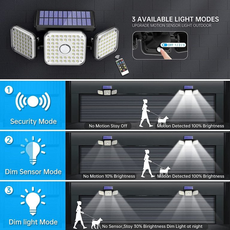 LAZYLIGHTS™ 112LED Solar Lights Outdoor, 3 Adjustable Heads, 270°Wide Angle, IP65 Waterproof, Black, 1Pack - Lazy Pro