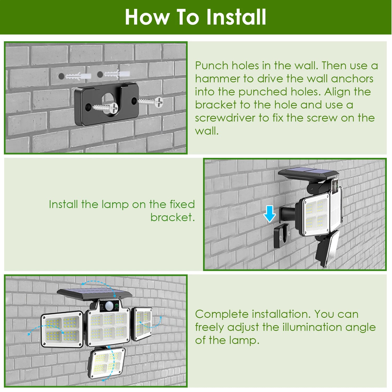 LAZYLIGHTS™ 216 LEDs Solar Outdoor Light Motion Sensor Security Flood Lamp Wall Wireless Solar Lamp with 3 Adjustable Heads IP65 Waterproof for Garden Patio Garage Pathway - Lazy Pro