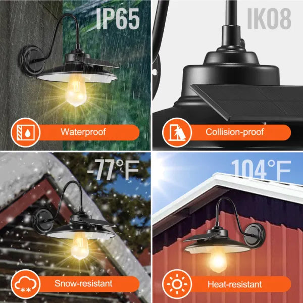 LAZYLIGHTS™ Solar Barn Light, 3 Lighting Modes & Motion Sensor, Dusk to Dawn Outdoor Wall Sconces, Exterior Farmhouse Gooseneck Lights, Wall Mount, IP65 Waterproof for Outside Yard Street Garage Shed Patio - Lazy Pro