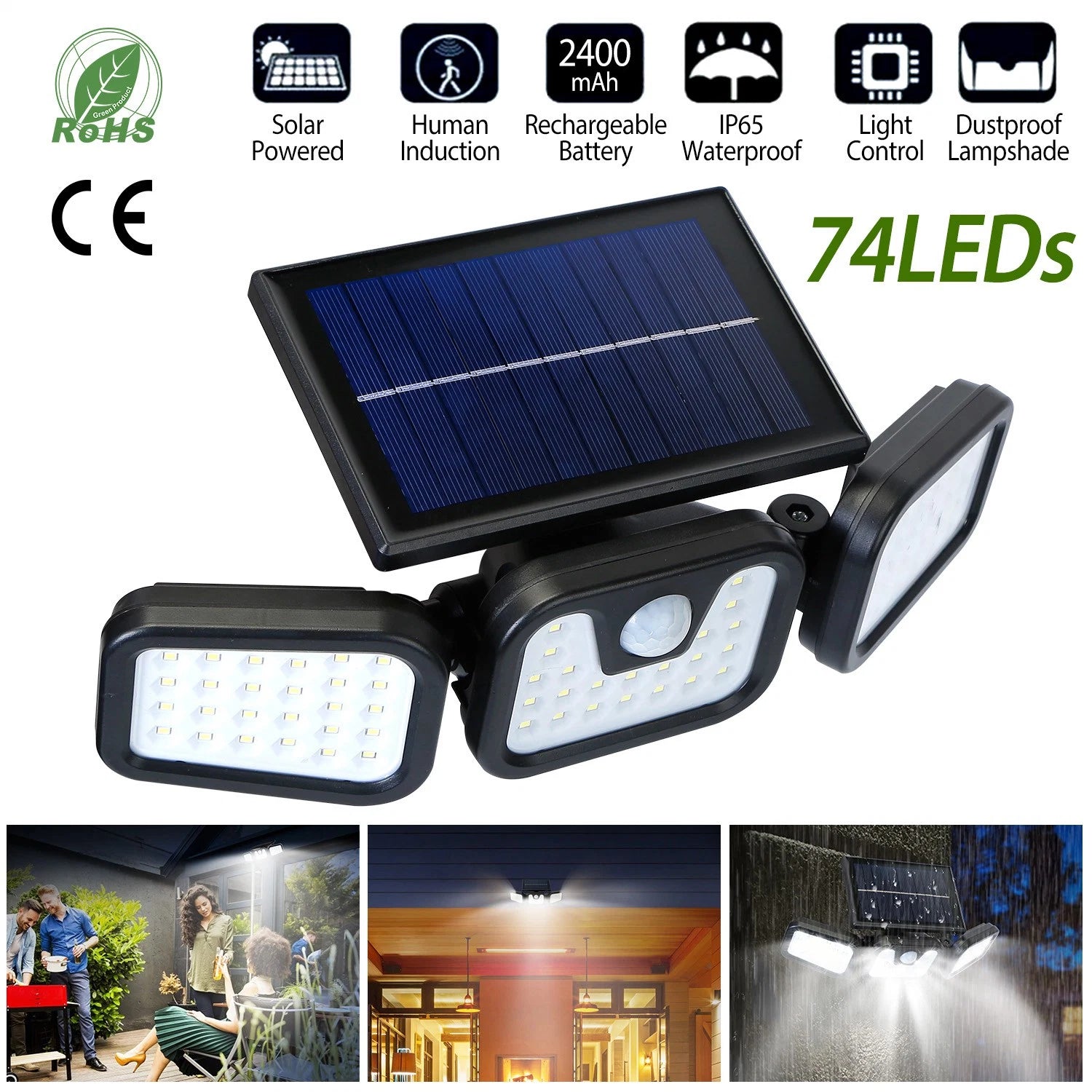 LAZYLIGHTS™ Solar Wall Lamp 74 LEDs 3 Adjustable Head Motion Sensor Flood Light IP65 Waterproof Security Light Outdoor - Lazy Pro