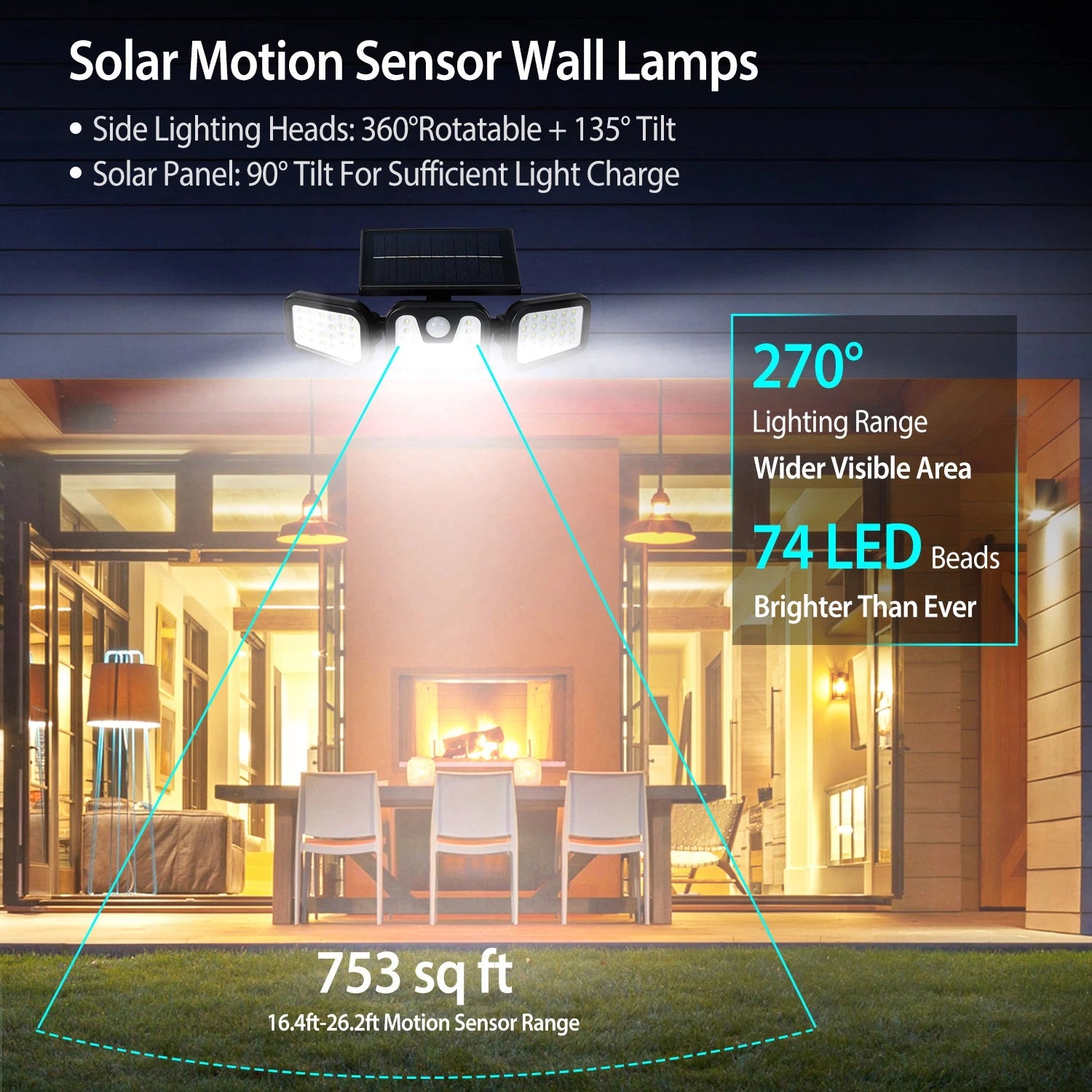 LAZYLIGHTS™ Solar Wall Lamp 74 LEDs 3 Adjustable Head Motion Sensor Flood Light IP65 Waterproof Security Light Outdoor - Lazy Pro