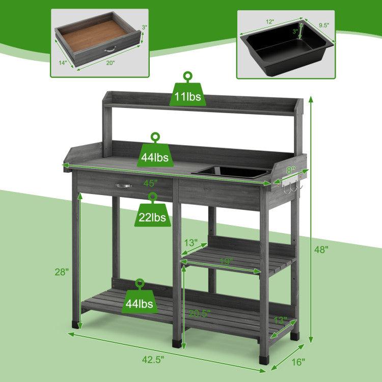 LazyPottingBench™ Fir Wood Potting Bench with Open Shelves and Sink for Planting - Lazy Pro