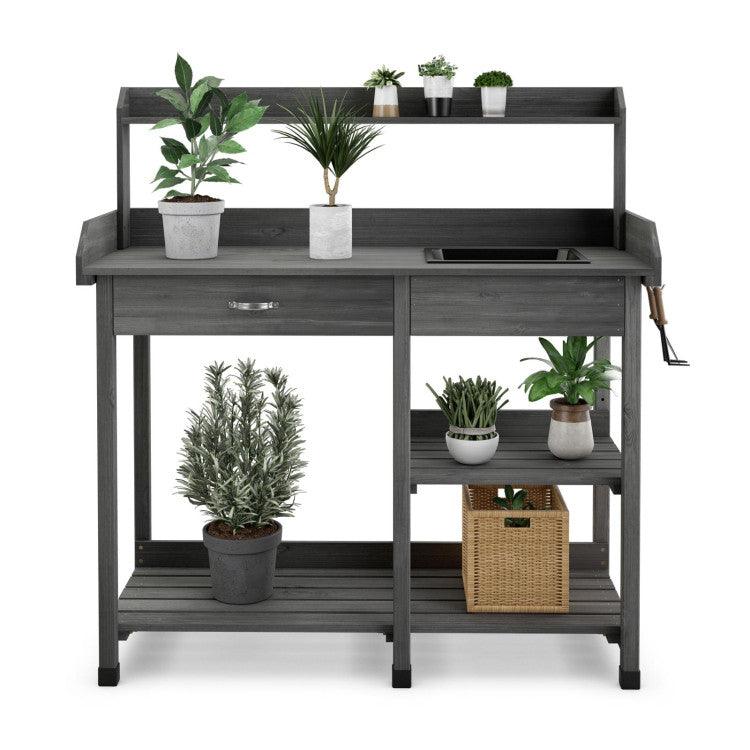 LazyPottingBench™ Fir Wood Potting Bench with Open Shelves and Sink for Planting - Lazy Pro