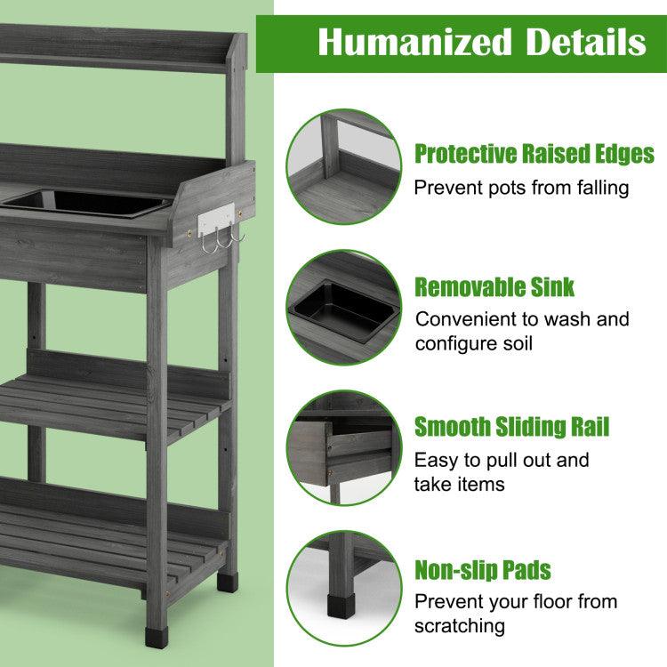 LazyPottingBench™ Fir Wood Potting Bench with Open Shelves and Sink for Planting - Lazy Pro