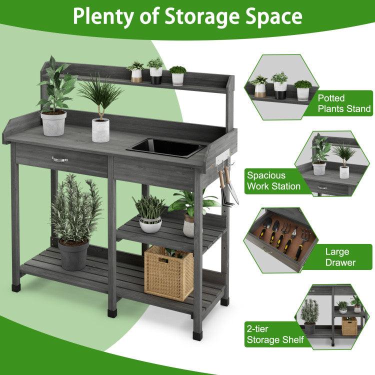 LazyPottingBench™ Fir Wood Potting Bench with Open Shelves and Sink for Planting - Lazy Pro