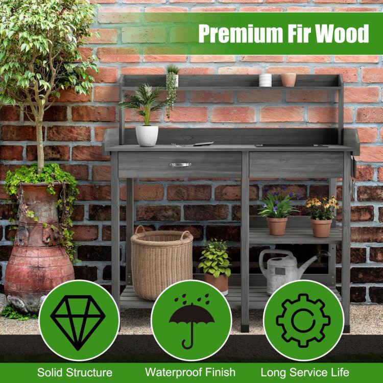 LazyPottingBench™ Fir Wood Potting Bench with Open Shelves and Sink for Planting - Lazy Pro