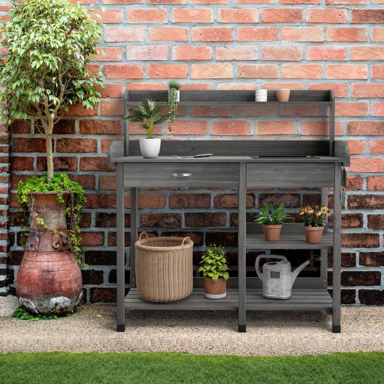 LazyPottingBench™ Fir Wood Potting Bench with Open Shelves and Sink for Planting - Lazy Pro