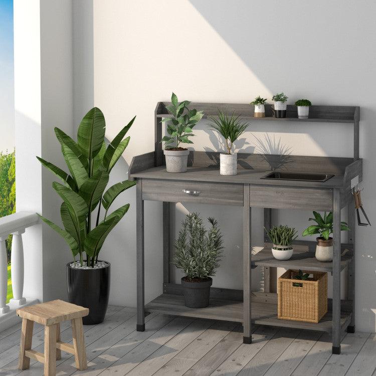 LazyPottingBench™ Fir Wood Potting Bench with Open Shelves and Sink for Planting - Lazy Pro