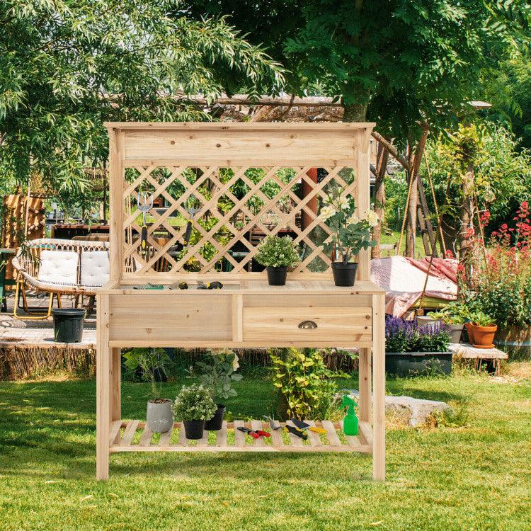 LazyPottingBench™ Wood Raised Garden Bed with Trellis - Lazy Pro