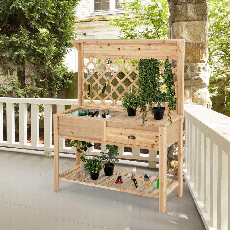 LazyPottingBench™ Wood Raised Garden Bed with Trellis - Lazy Pro