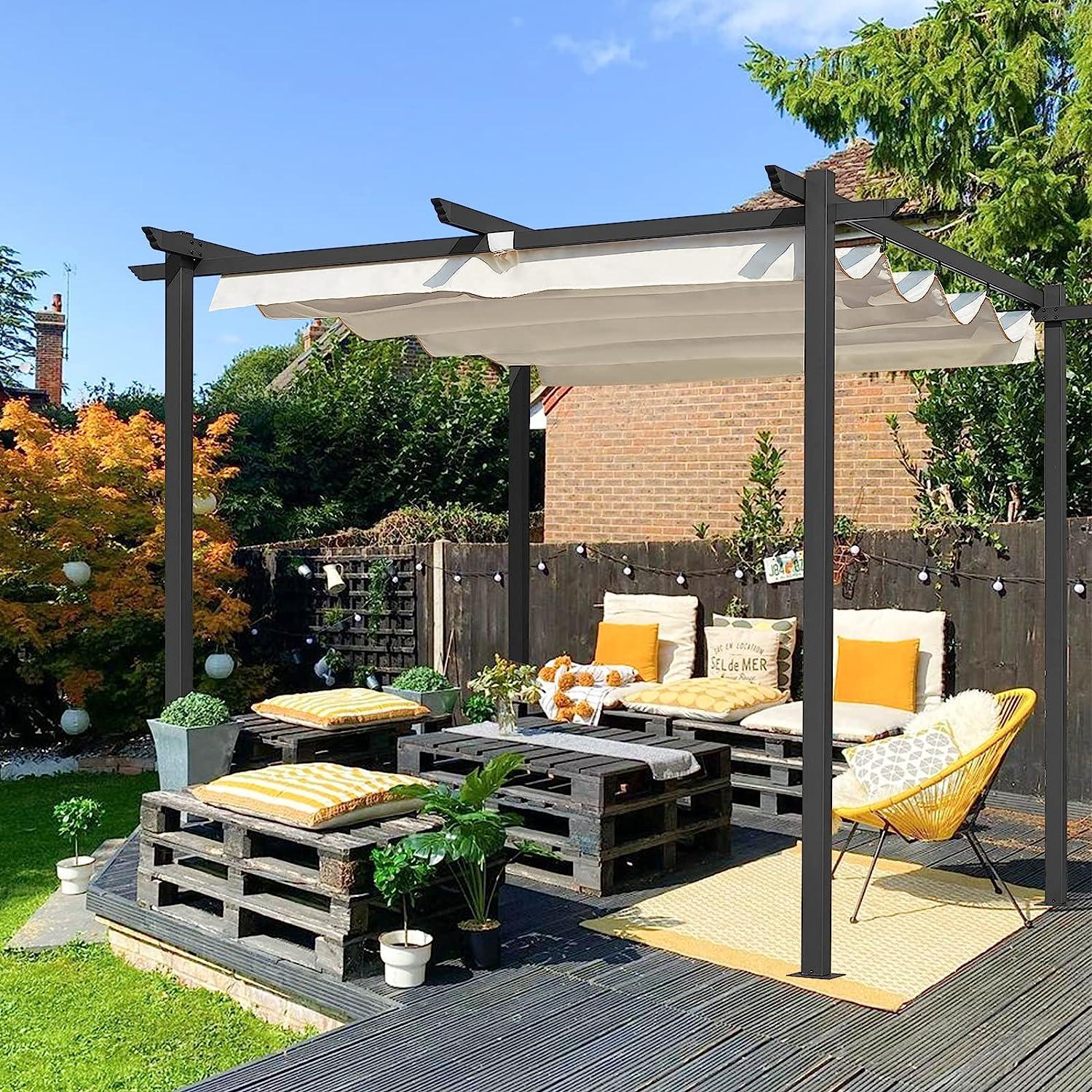 LazyRella™ 10x10ft Extra-Large Outdoor Pergola, Patio Shelter w/Retractable Sun Shade Canopy Cover, Weather-Resistant Fabric - Lazy Pro
