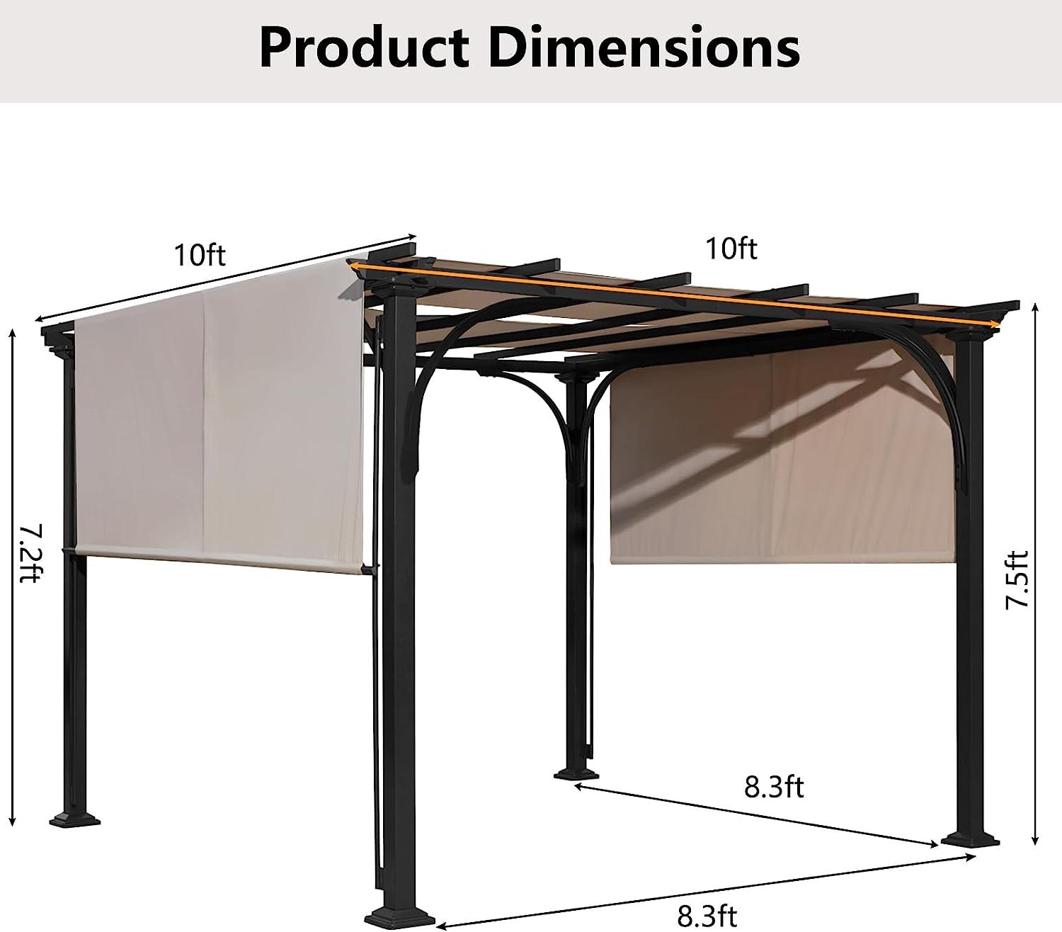 LazyRella™ 10x10ft Extra-Large Outdoor Pergola, Patio Shelter w/Retractable Sun Shade Canopy Cover, Weather-Resistant Fabric - Lazy Pro