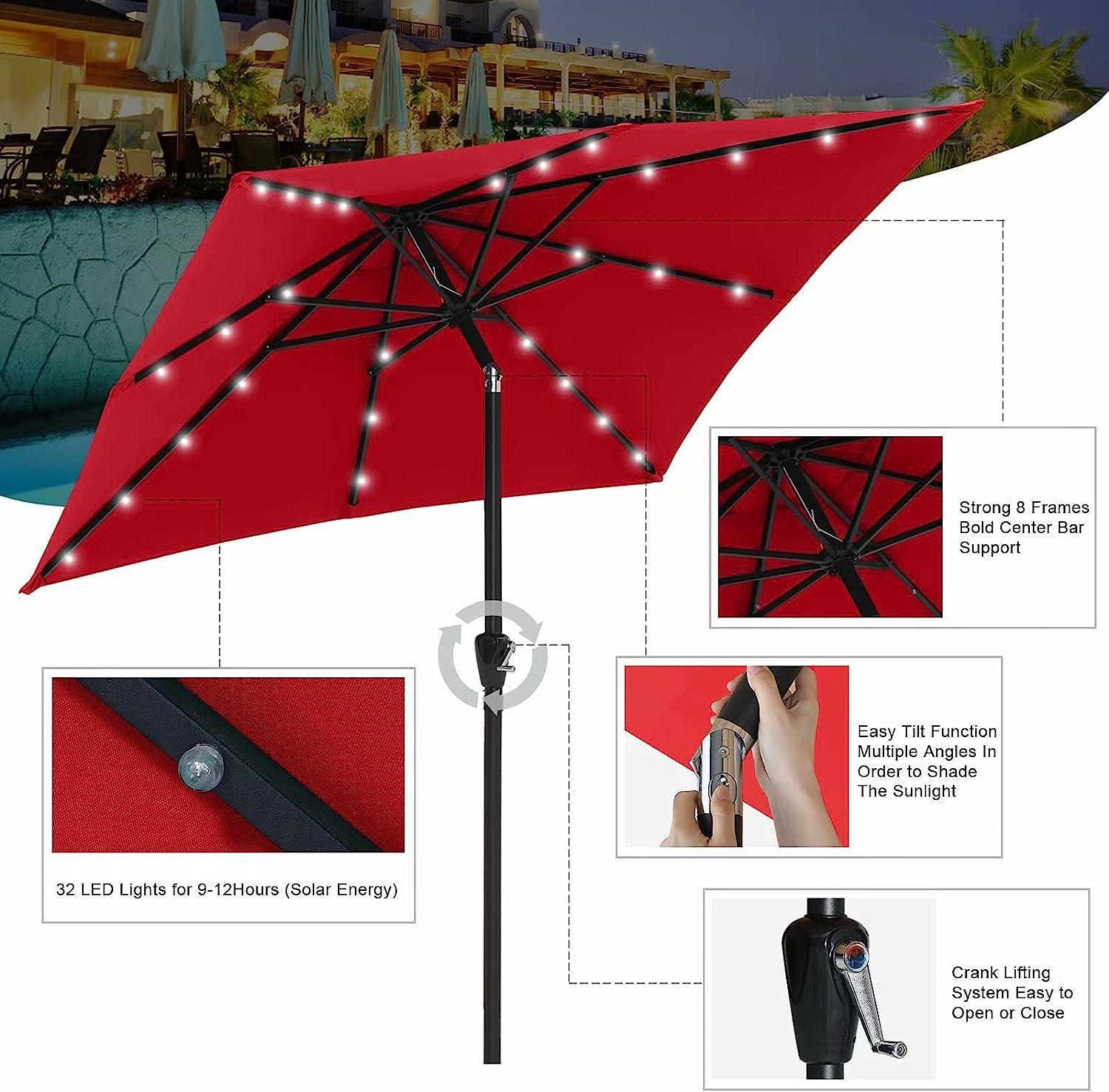 LazyRella™ LED Rectangle Patio Umbrella,6.5x10ft Market Table Umbrella with Solar Powered Lights-Maroon - Lazy Pro