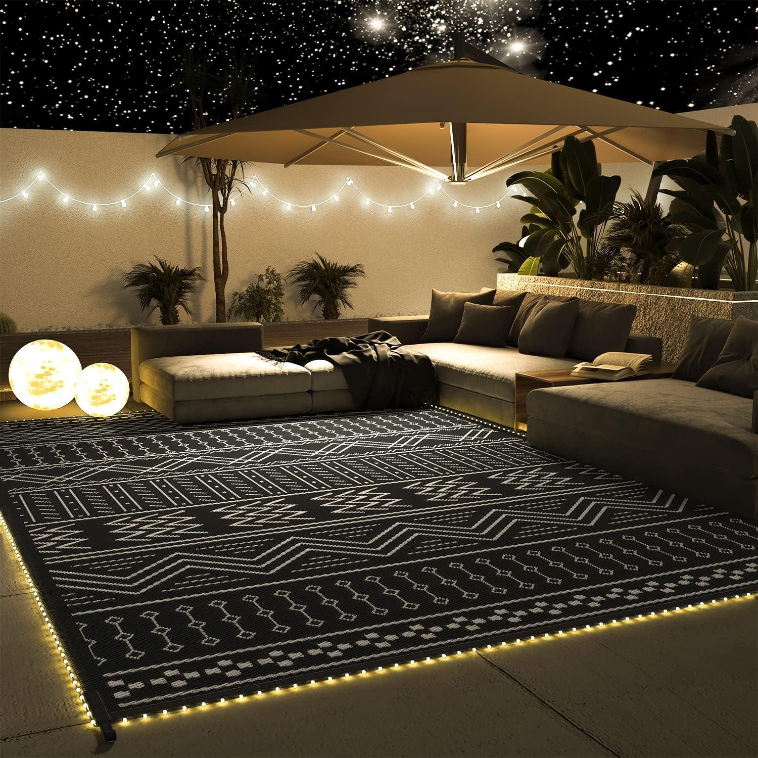 LazyRug™ Outdoor Rug Carpet 9x12 ft for Patio RV Camping with Led Strip Lights Waterproof Plastic Straw Rug Reversible - Lazy Pro
