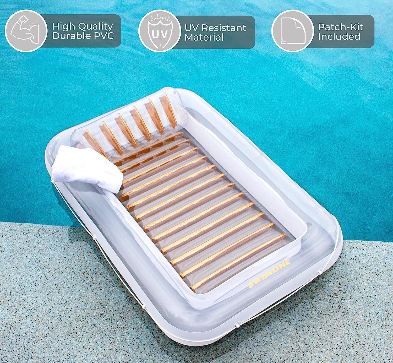 LazySwim™ Inflatable Lounger, Luxe Edition Inflatable Suntan Tub Floating Pool Lounger, White & Gold - Lazy Pro