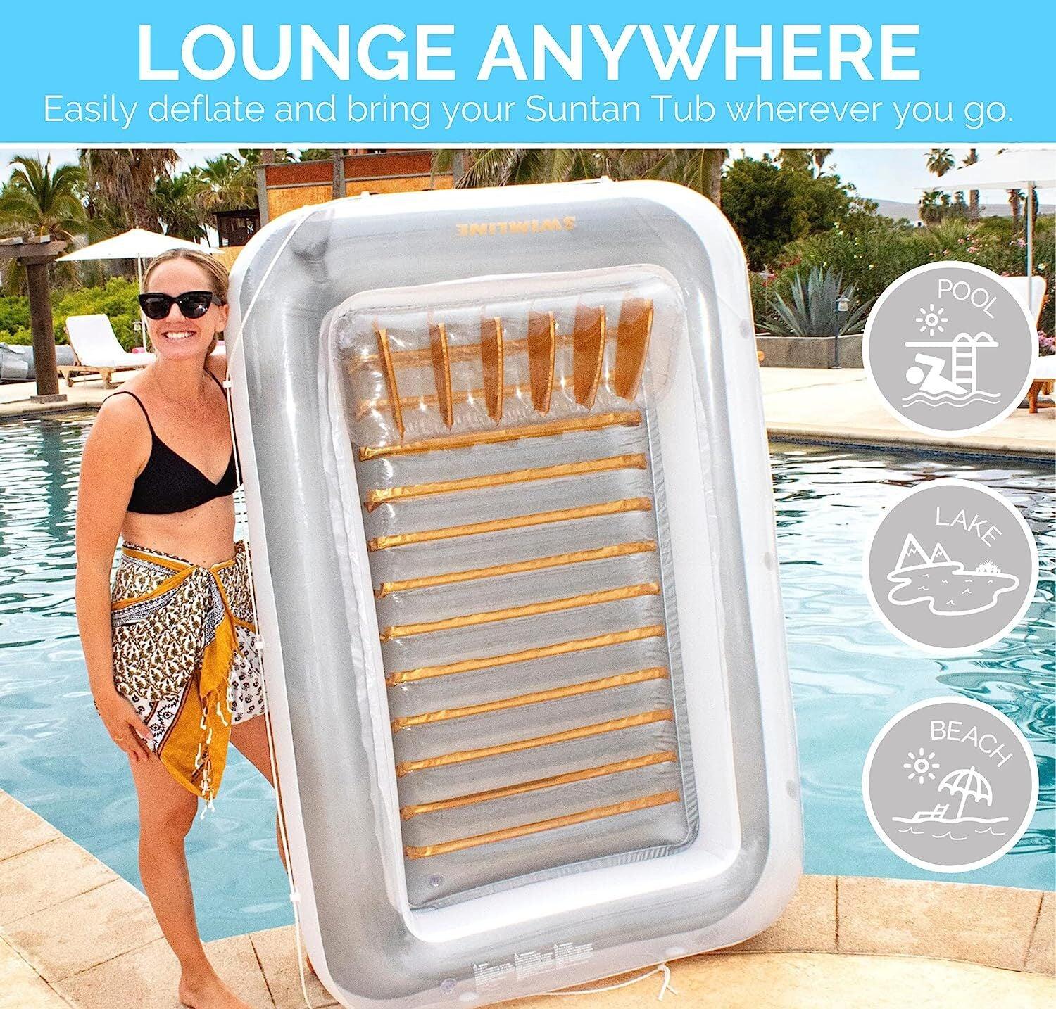 LazySwim™ Inflatable Lounger, Luxe Edition Inflatable Suntan Tub Floating Pool Lounger, White & Gold - Lazy Pro