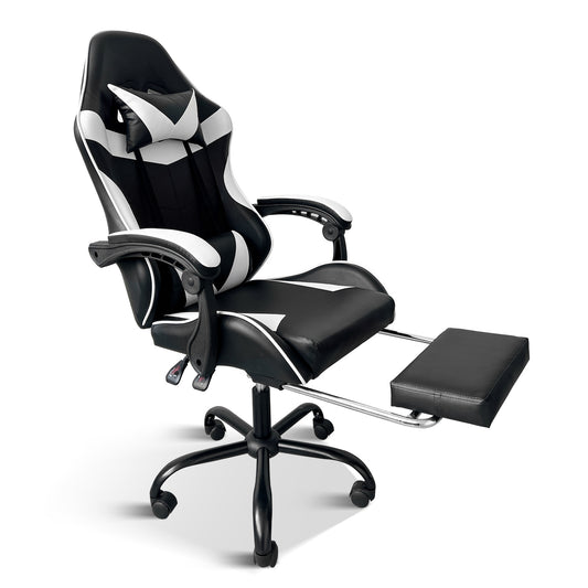 LazyGamer G75 Racing Video Backrest and Seat Height Recliner Gaming Office High Back Computer Ergonomic Adjustable Swivel Chair, With footrest, Black/White
