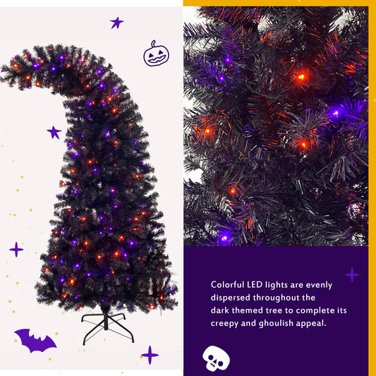 6FT Artificial Fir Bent Top Halloween Christmas Tree, Xmas Tree Bendable Grinch Style Christmas Tree Holiday Decoration w/1,080 Lush Branch Tips, 300 LED Lights X-mas Halloween Style