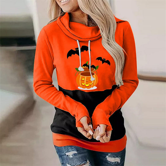 Halloween Women's Bat Pumpkin Print High Neck Casual Long Sleeve Women's Top