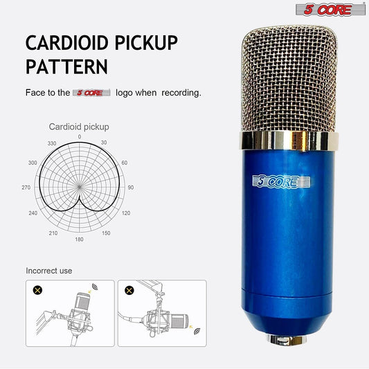 LazyPro™ XLR-5 Microphone Condenser Mic for Computer Gaming, Podcast & Tripod Stand Kit for Streaming 5 Core RM 7 BLU