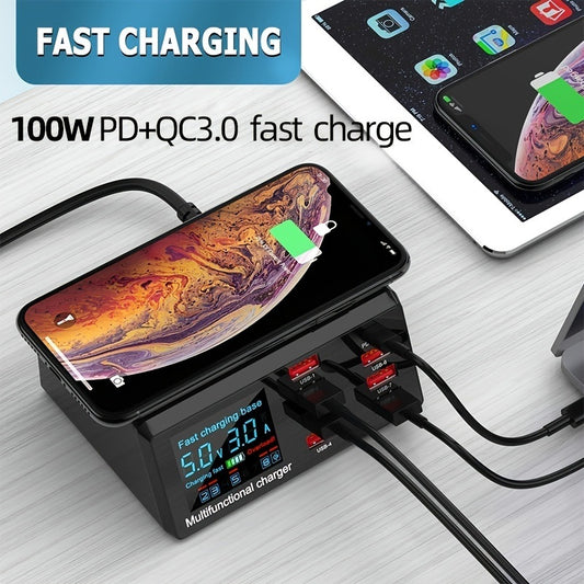 100W Quick Charge 3.0 8-Port USB Fast Charger; USB Hub Fast Charging Station QC 3.0 And PD Fast Charger; 15W Max Fast Wireless; compatible; iphone/ipad/Samsung/Android