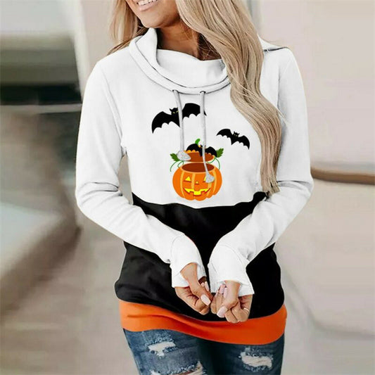 Halloween Women's Bat Pumpkin Print High Neck Casual Long Sleeve Women's Top