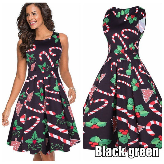 5 Colors Women Round Neck Sleeveless Christmas Dress Fashion Casual Christmas Tree Halloween Printed Dress