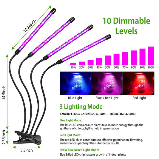 LazyPro Grow Lights for Indoor Plants; iMounTEK 80W 80 LEDs Plant Lights with Red Blue Full Spectrum 10 Dimmable Level