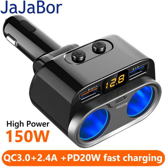 LazyBank Car Cigarette Lighter Socket Splitter QC3.0 Dual USB Fast Charge Type C PD20W Charger Independent Switch Power Adapter