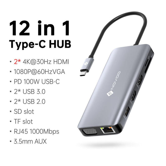 LazyBank S12 - 12 in 1 Triple Display USB C HUB Type C to 2 HDMI VGA Multi USB 3.0 Splitter PD100W Charging SD/TF Reader RJ5 Ethernet Adapter