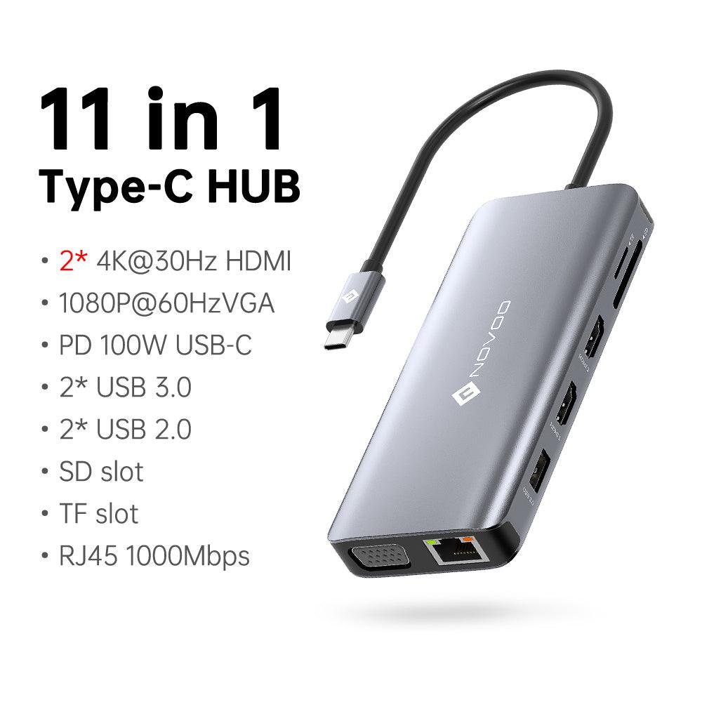 LazyBank S12 - 12 in 1 Triple Display USB C HUB Type C to 2 HDMI VGA Multi USB 3.0 Splitter PD100W Charging SD/TF Reader RJ5 Ethernet Adapter - Lazy Pro