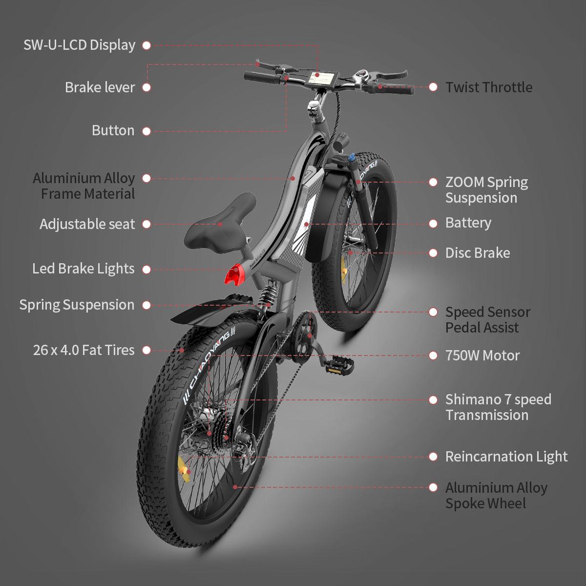 LazyBot S18 26 in 750W Electric Bike Fat Tire 48V 15AH with REMOVABLE Battery for Adults - Lazy Pro