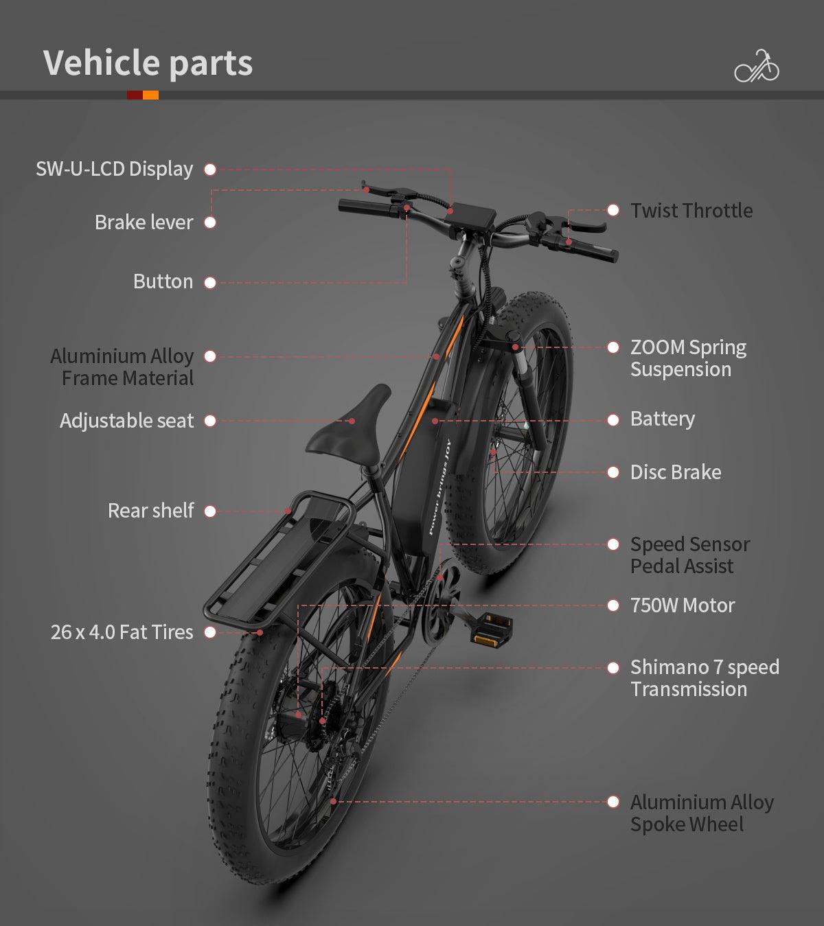 LazyBot™ Chicago S07 750W Electric Bike Fat Tire P7 48V 13AH Removable Lithium Battery for Adults with Detachable Rear Rack Fender(Black) - Lazy Pro