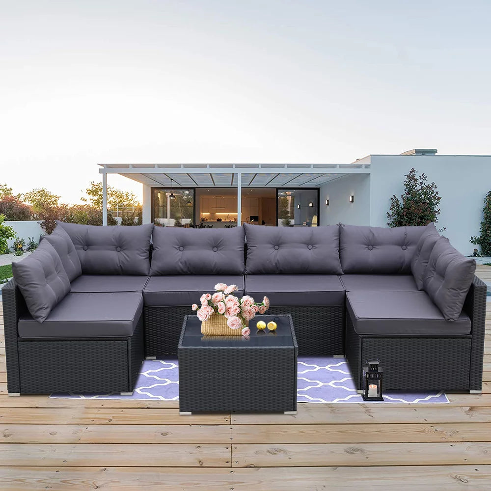 LazyChill™ 7 Piece Outdoor Patio Furniture Set, PE Rattan Wicker Sofa Set, Outdoor Sectional Furniture Chair Set with Cushions and Tea Table - Lazy Pro