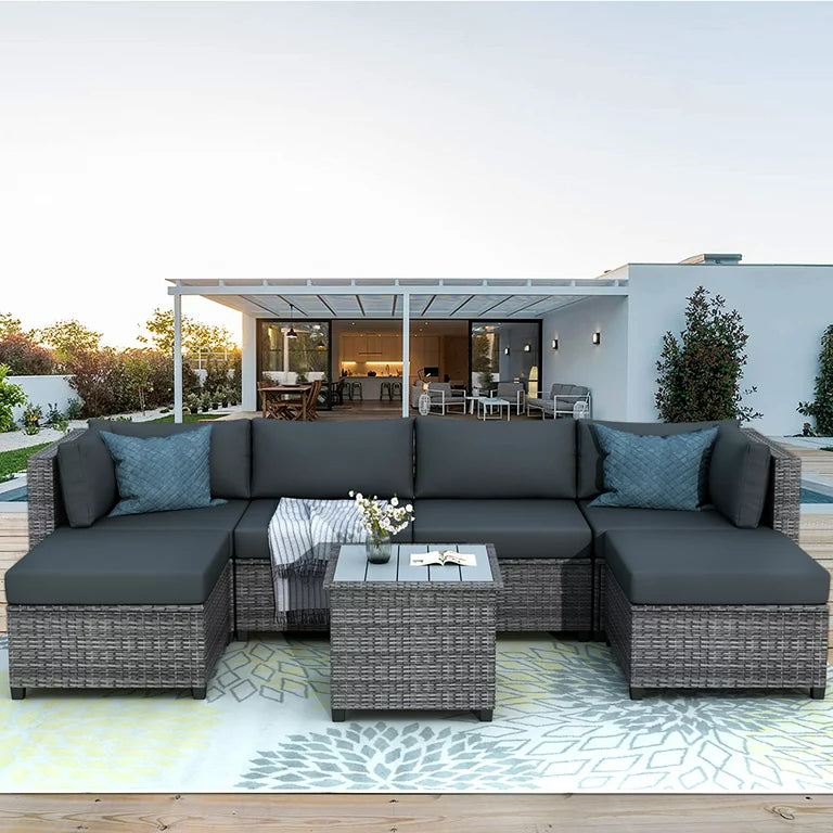 LazyChill™ 7 Piece Outdoor Patio Furniture Set, PE Rattan Wicker Sofa Set, Outdoor Sectional Furniture Chair Set with Cushions and Tea Table - Lazy Pro