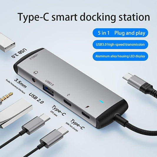 LazyDock MG-368 Docking Station 5 In 1 USB C Hub OTG Adapter With 2 USB Ports; Suitable For Type-C Interface
