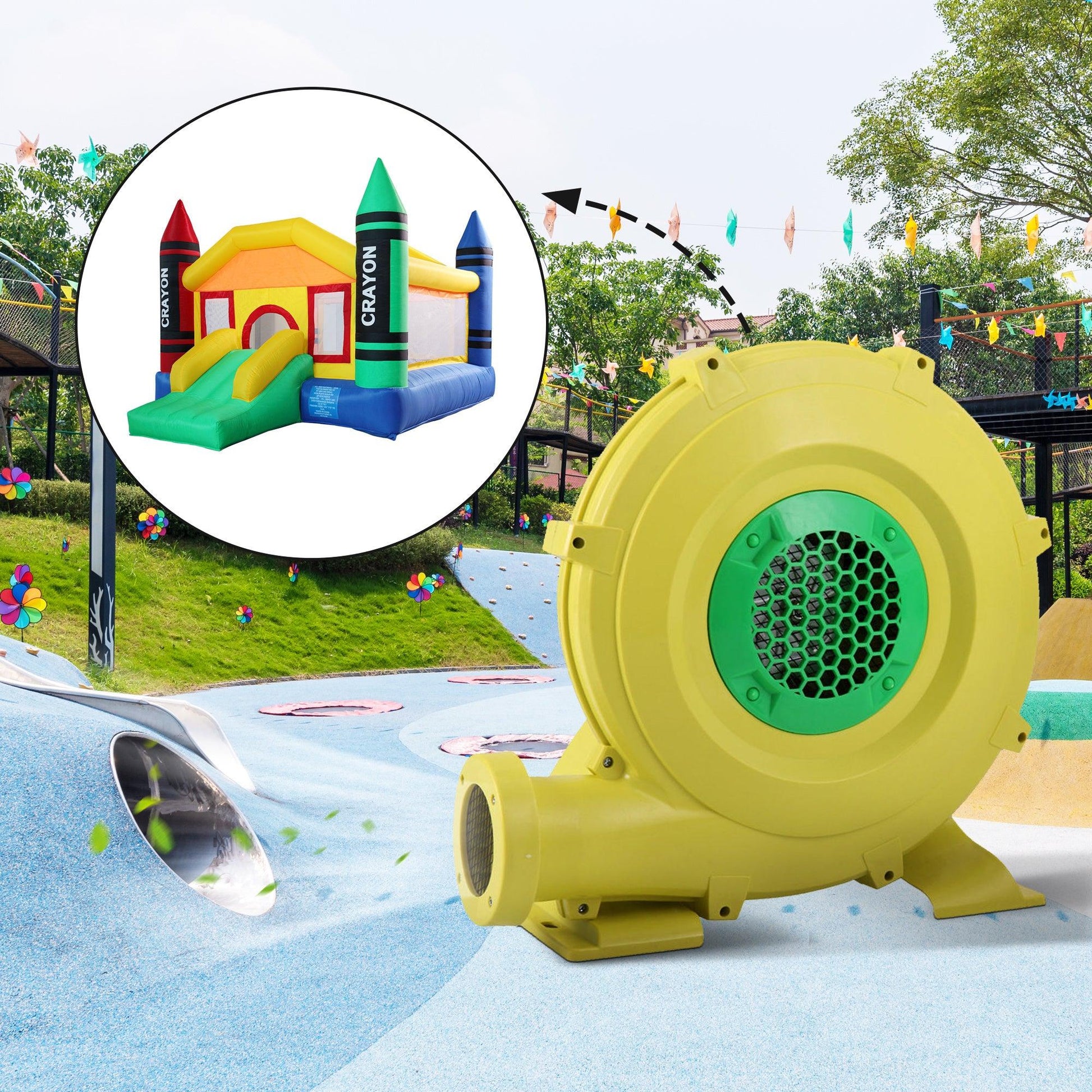 LazyPro Outdoor Indoor Air Blower, Pump Fan for Inflatable Bounce Castle, Water Slides, Safe, Portable - Yellow and Green XH - Lazy Pro