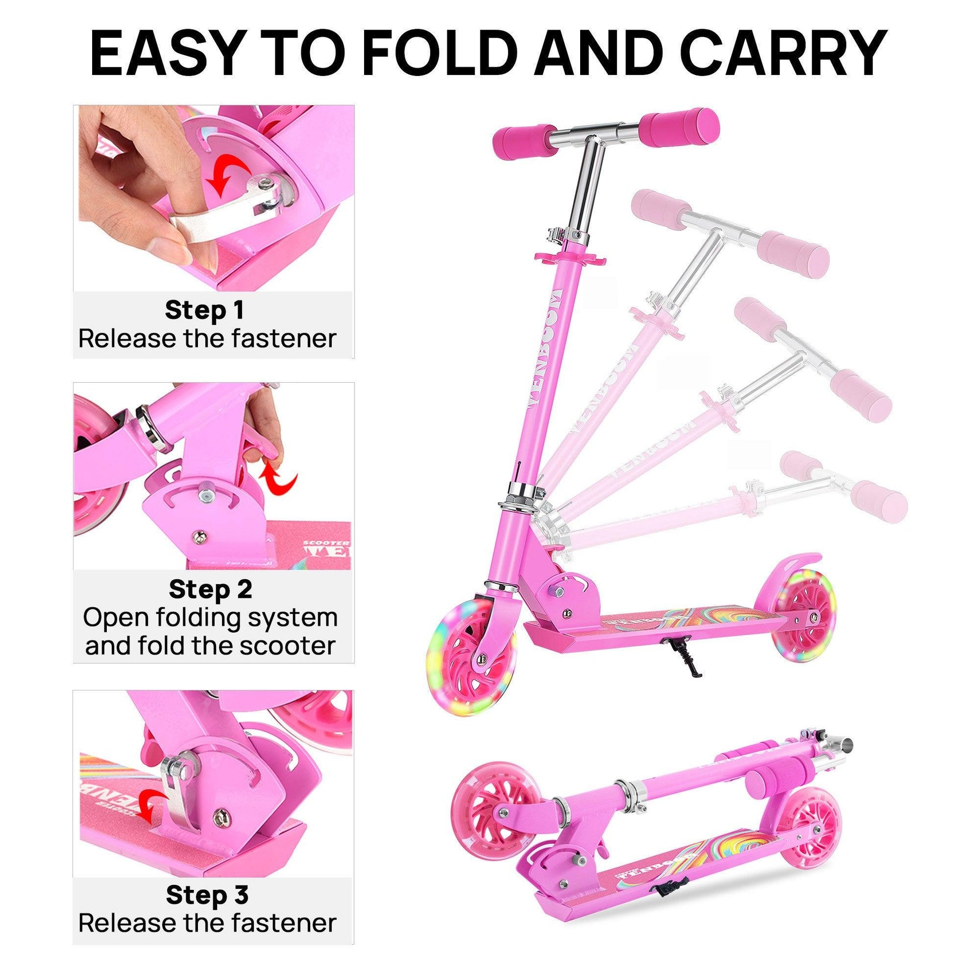 Scooter for Kids Ages 6-12; Light Up Wheels Birthday Gifts Scooters for Kids Girls Boys Ages 3-5; Easy Folding Kids Scooter with 3 Levels Adjustable Handlebar and Rear Brake - Lazy Pro