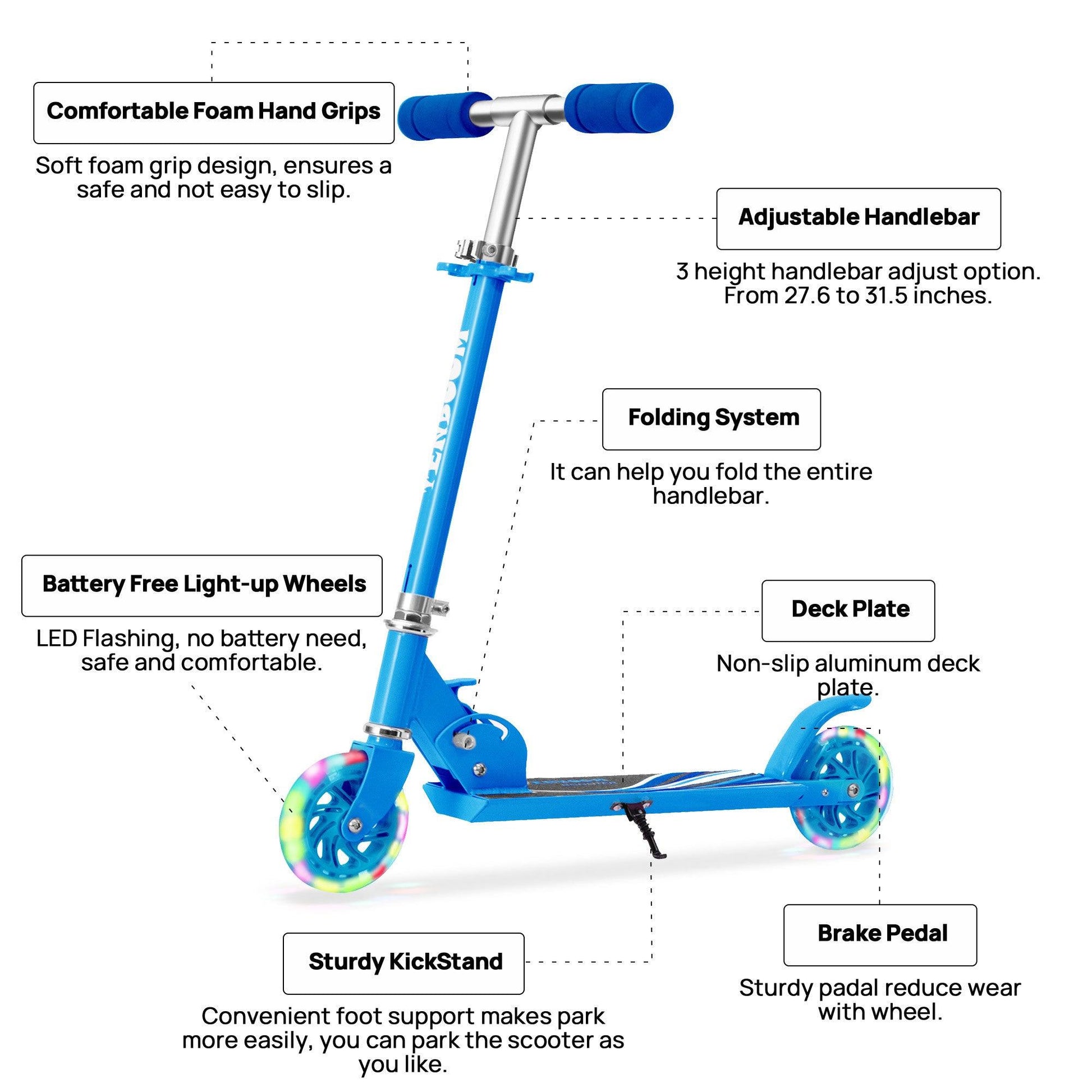 Scooter for Kids Ages 6-12; Light Up Wheels Birthday Gifts Scooters for Kids Girls Boys Ages 3-5; Easy Folding Kids Scooter with 3 Levels Adjustable Handlebar and Rear Brake - Lazy Pro